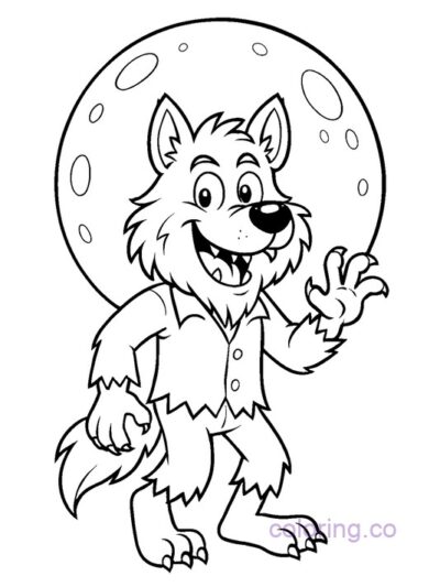 Cartoon Werewolf and Moon Coloring Page