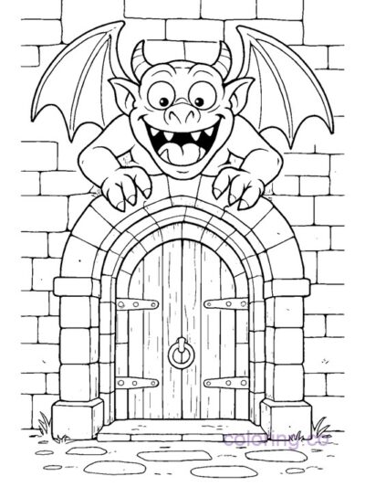 Kids' Castle Entrance with Gargoyle Coloring Page