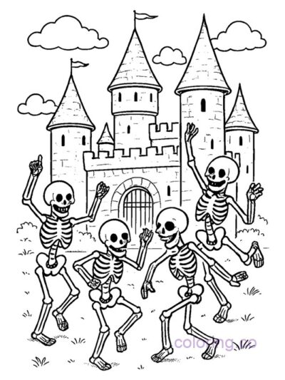 Enchanting Castle with Dancing Skeletons Coloring Page