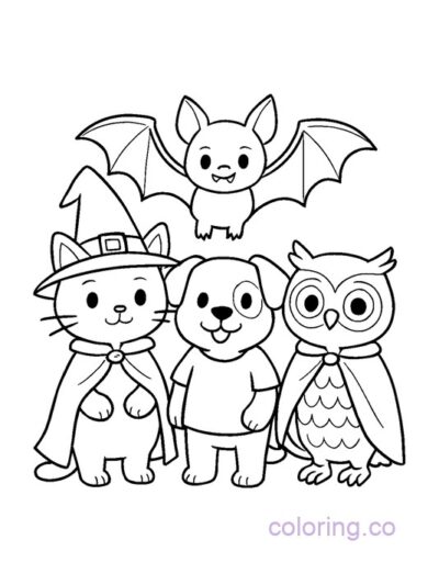 Cute Halloween Animal Group Coloring Page