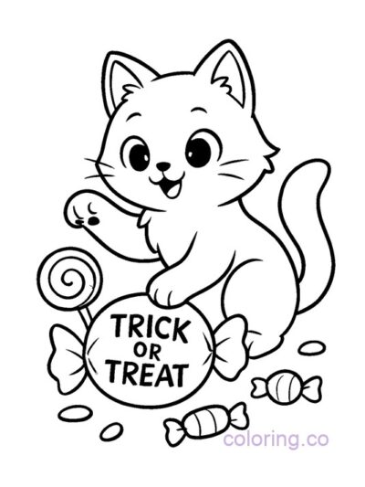 Cute Cat with Trick-or-Treat Candy Coloring Page