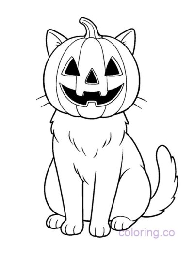 Cute Cat in Pumpkin Mask Coloring Page