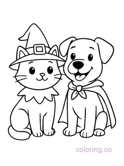 Cute Cat and Dog in Costumes Coloring Page