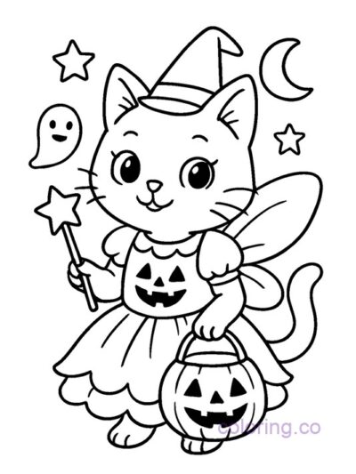 Halloween Cat Fairy Coloring Page