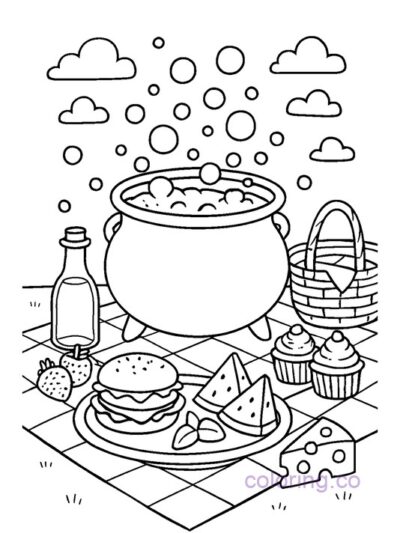 Whimsical Cauldron Picnic Coloring Page