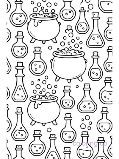 Cauldron and Potion Bottles Coloring Page