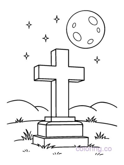 Cemetery Cross and Moon Coloring Page