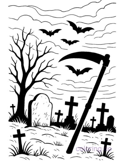 Spooky Cemetery Coloring Page with Bats and Scythe