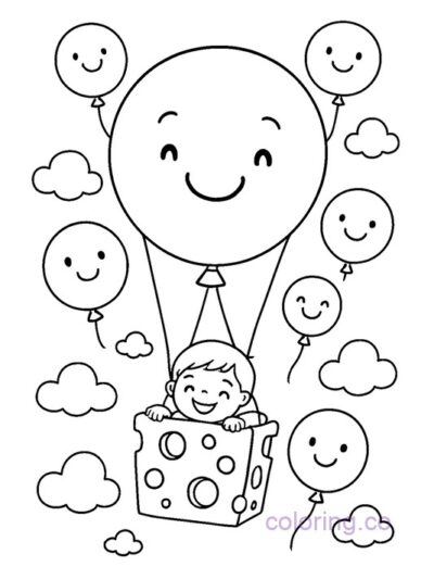 Fun Cheese Balloon Ride Coloring Page for Preschoolers