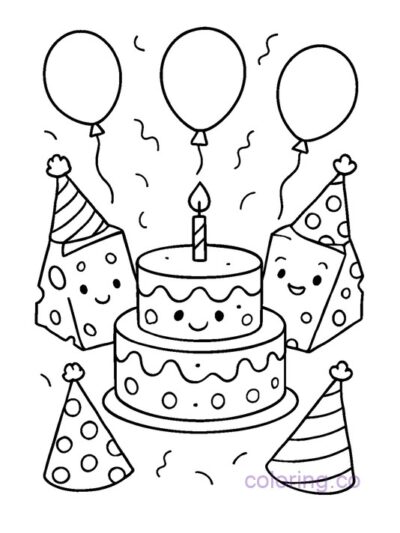 Fun Cheese Birthday Party Coloring Page for Kids