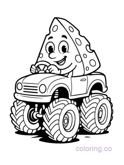 Cheese Character Driving a Car Coloring Page for Kids