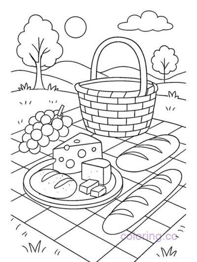 Cheese and Bread Picnic Coloring Page for Kids