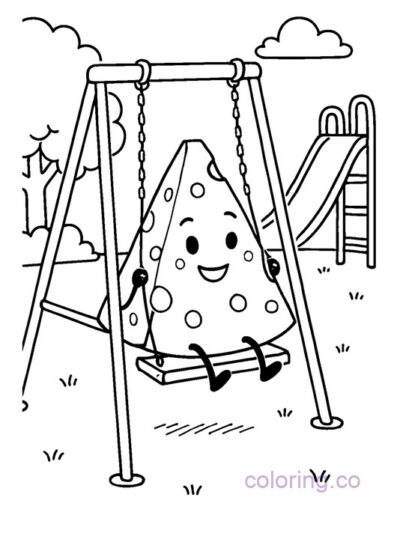 Fun Cheese Slice on Swing Coloring Page for Kids