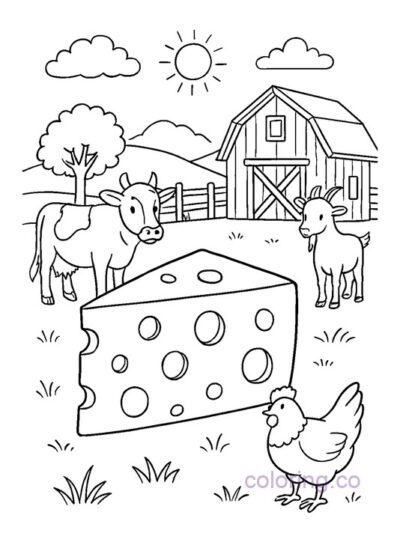 Fun Farm Animals and Cheese Coloring Page