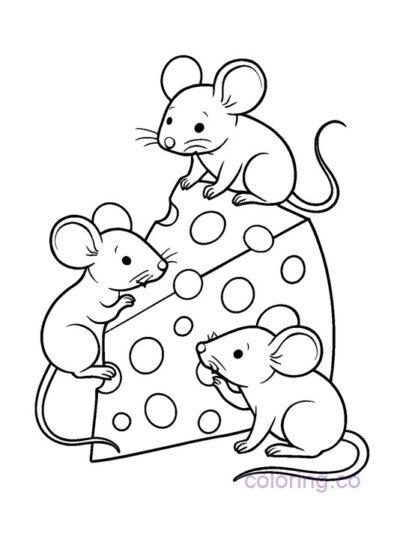 Cute Mouse Friends with Cheese Coloring Page