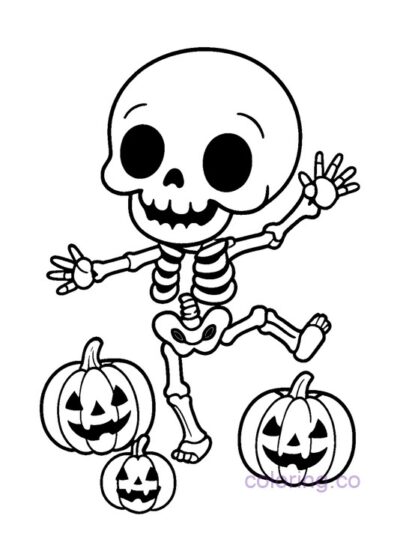 Chibi Skeleton and Pumpkins Coloring Page