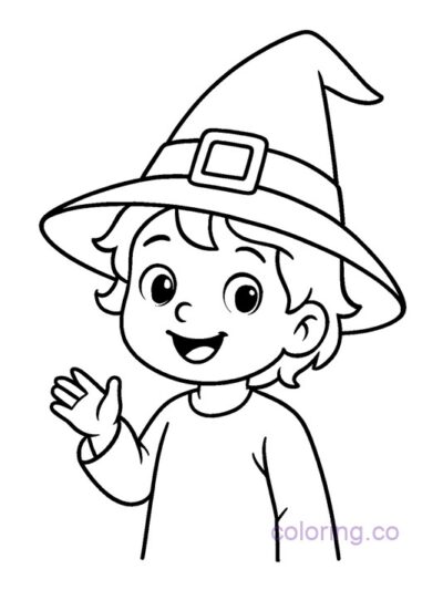 Cute Witch Hat Kid Coloring Page