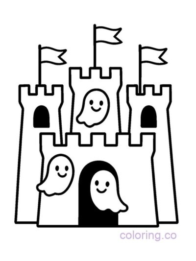 Chunky Castle Coloring Page with Ghosts and Flags