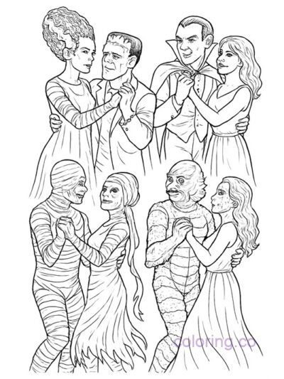 Classic Monster Couples Dancing Coloring Page