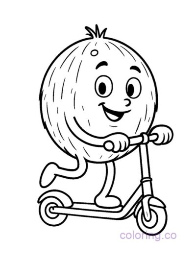Coconut Character on Scooter Coloring Page for Kids