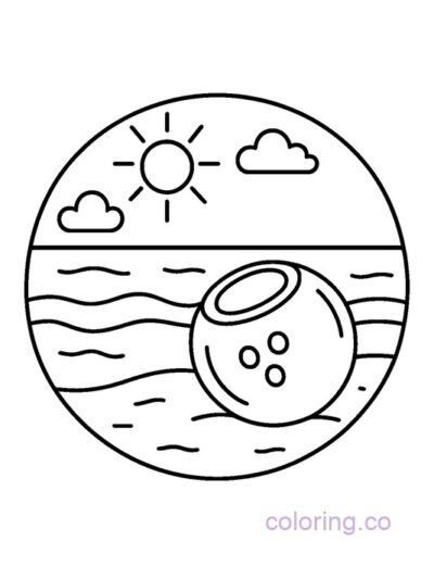 Coconut on Beach Coloring Page for Preschoolers