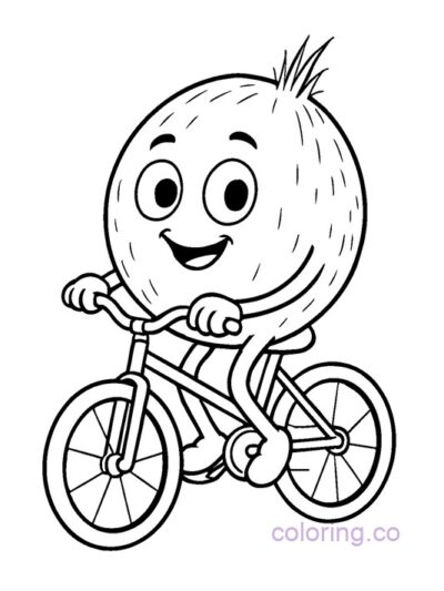 Cute Coconut Riding a Bike Coloring Page for Kids