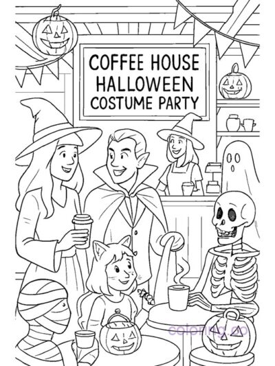 Coffeehouse Halloween Costume Party Coloring Page