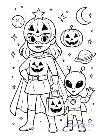 Halloween Superhero & Alien Coloring Page