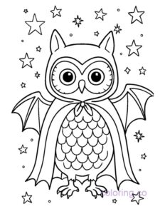 Cosmic Owl in Bat Costume Coloring Page