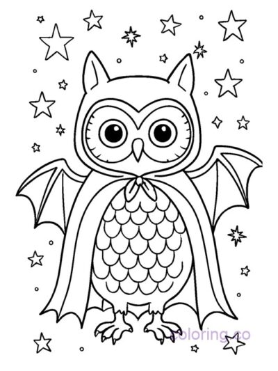 Cosmic Owl in Bat Costume Coloring Page