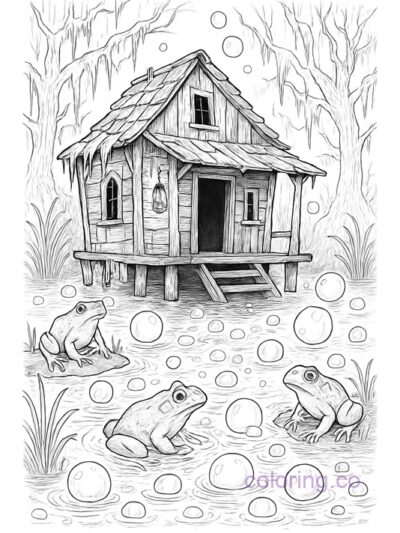 Creepy Cabin in Swamp Coloring Page