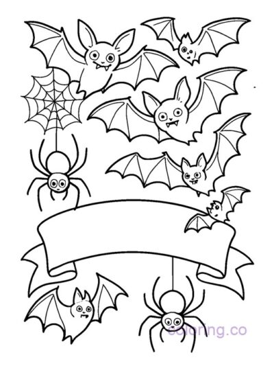 Creepy Critter Coloring Page for Kids with Bats and Spiders