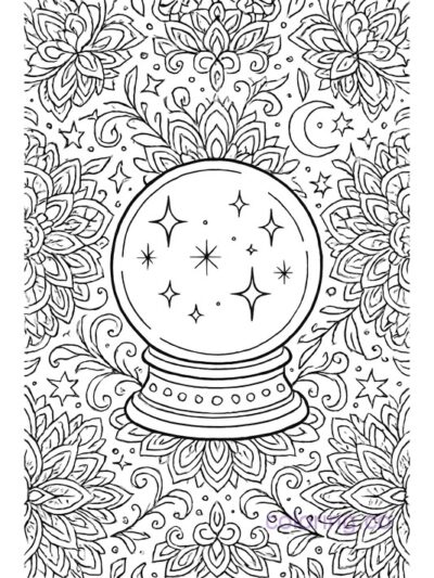 Intricate Crystal Ball Mandala Coloring Page