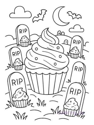 Fun Cupcake Graveyard Coloring Page