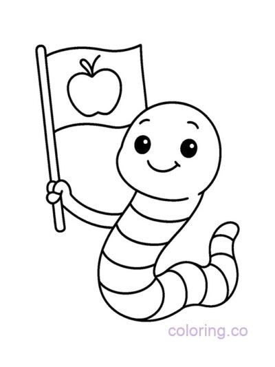 Cute Worm with Apple Flag Coloring Page