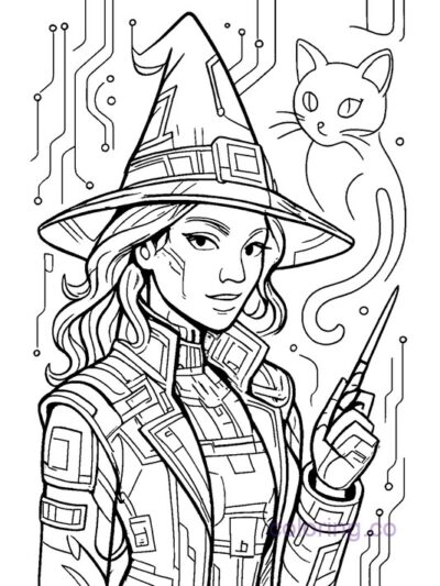 Cyberpunk Witch and Floating Cat Coloring Page