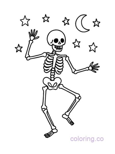 Dancing Skeleton and Stars Coloring Page