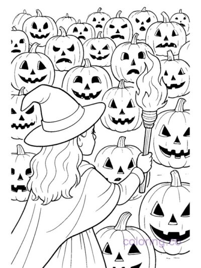 Halloween Witch with Pumpkins Coloring Page