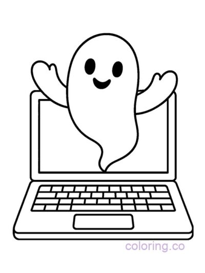 Cute Ghost Popping from Laptop Coloring Page