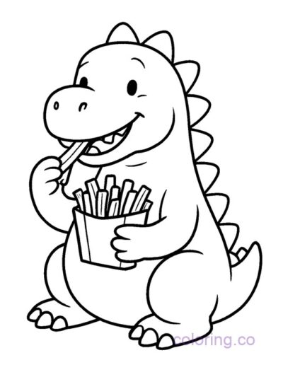 Dinosaur Enjoying French Fries Coloring Page
