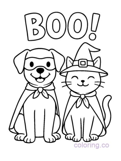 Cute Dog and Cat in Halloween Costumes Coloring Page