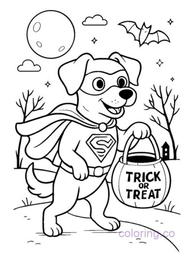 Superhero Dog Trick-or-Treating Coloring Page