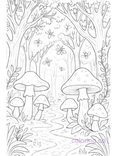 Enchanted Forest Coloring Page with Mushrooms