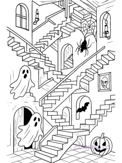 Escher-Inspired Haunted Room Coloring Page