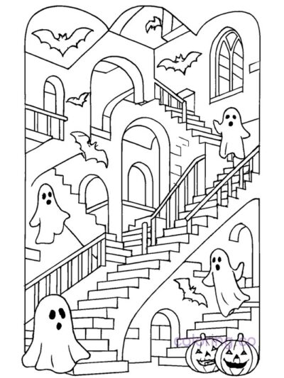 Escher-Inspired Haunted Staircase Coloring Page