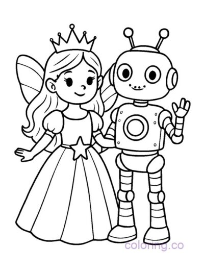 Fairy Princess and Robot Coloring Page