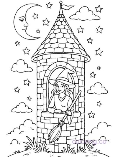 Magical Fairytale Tower with Witch Coloring Page
