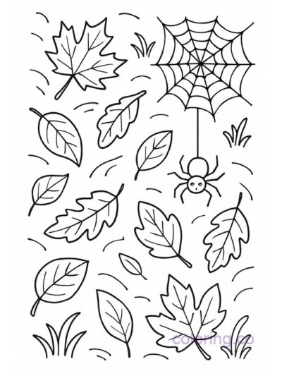 Fun Fall Leaves and Spider Web Coloring Page