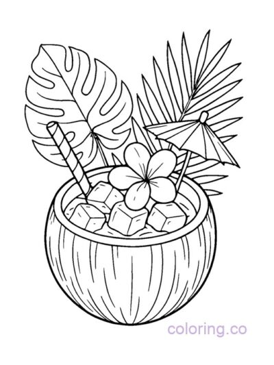Tropical Coconut Mocktail Coloring Page for Adults
