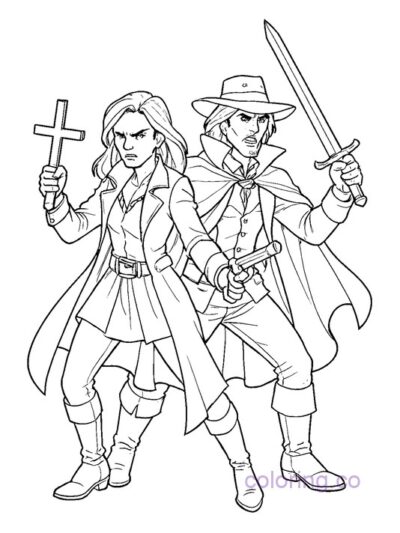 Thrilling Fantasy Vampire Hunters Coloring Page